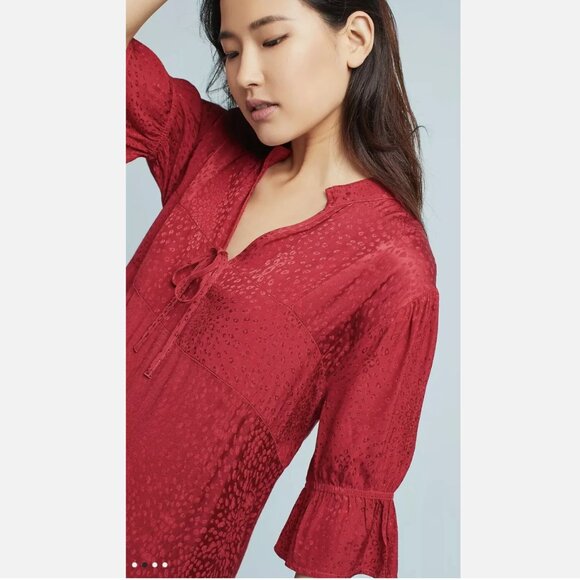 LACAUSA Anthropologie Imelda Raspberry Red Silky Tiered Midi Dress - Picture 2 of 8